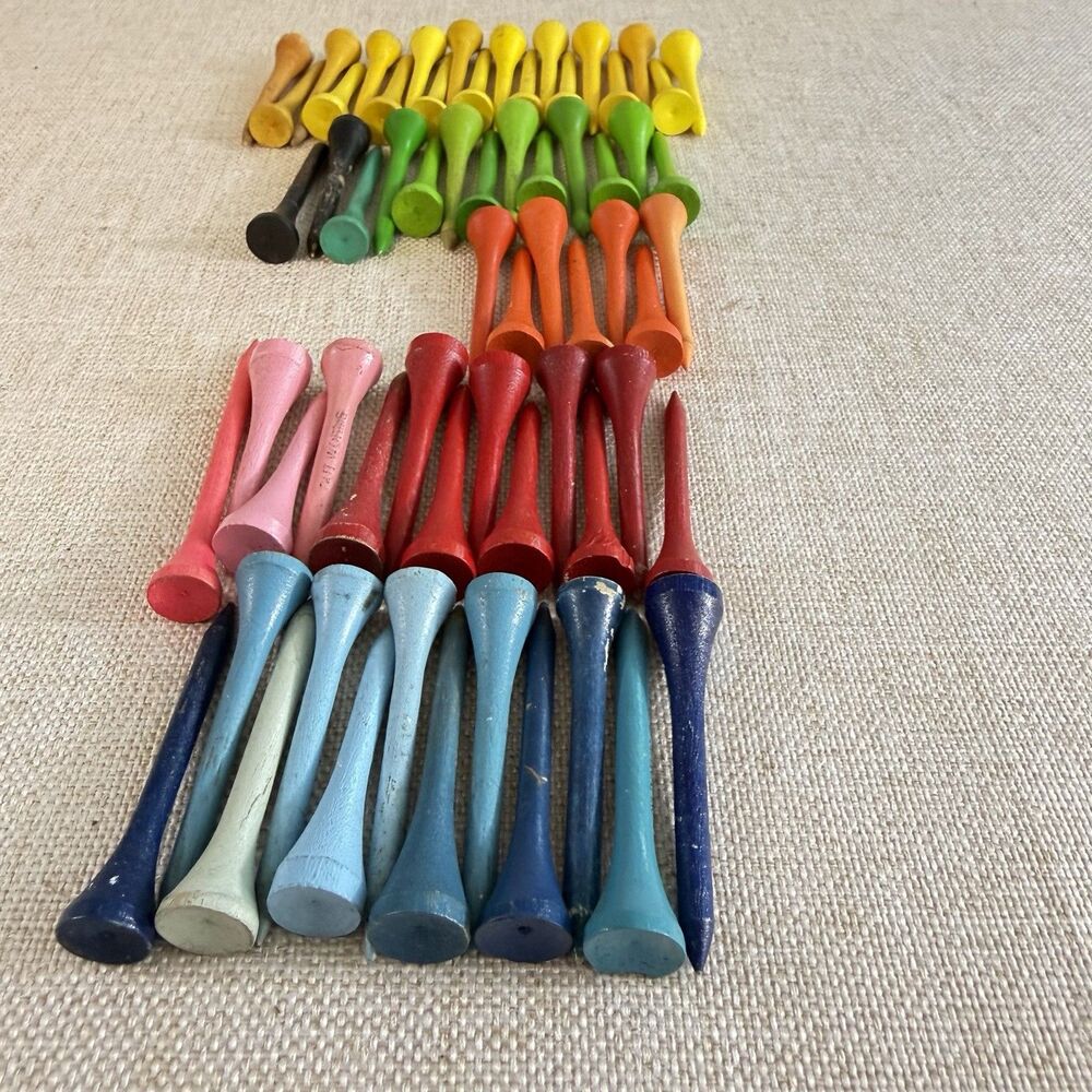 Vintage Wooden Golf Tees Lot 50+ Assorted Colors Red Blue Green Yellow Wood